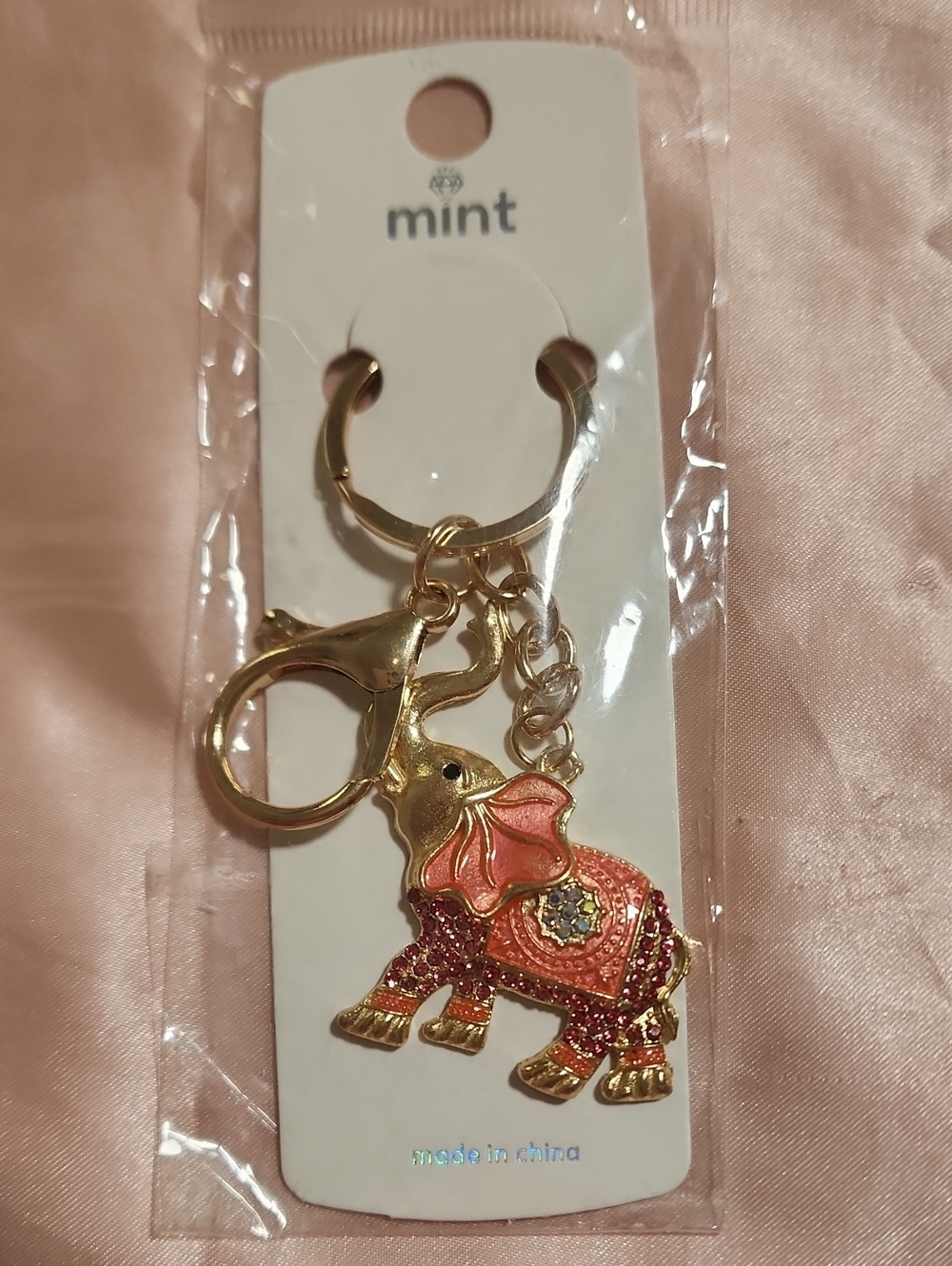 Mint Gold-Tone Keyring with Coral Pink Elephant Charm